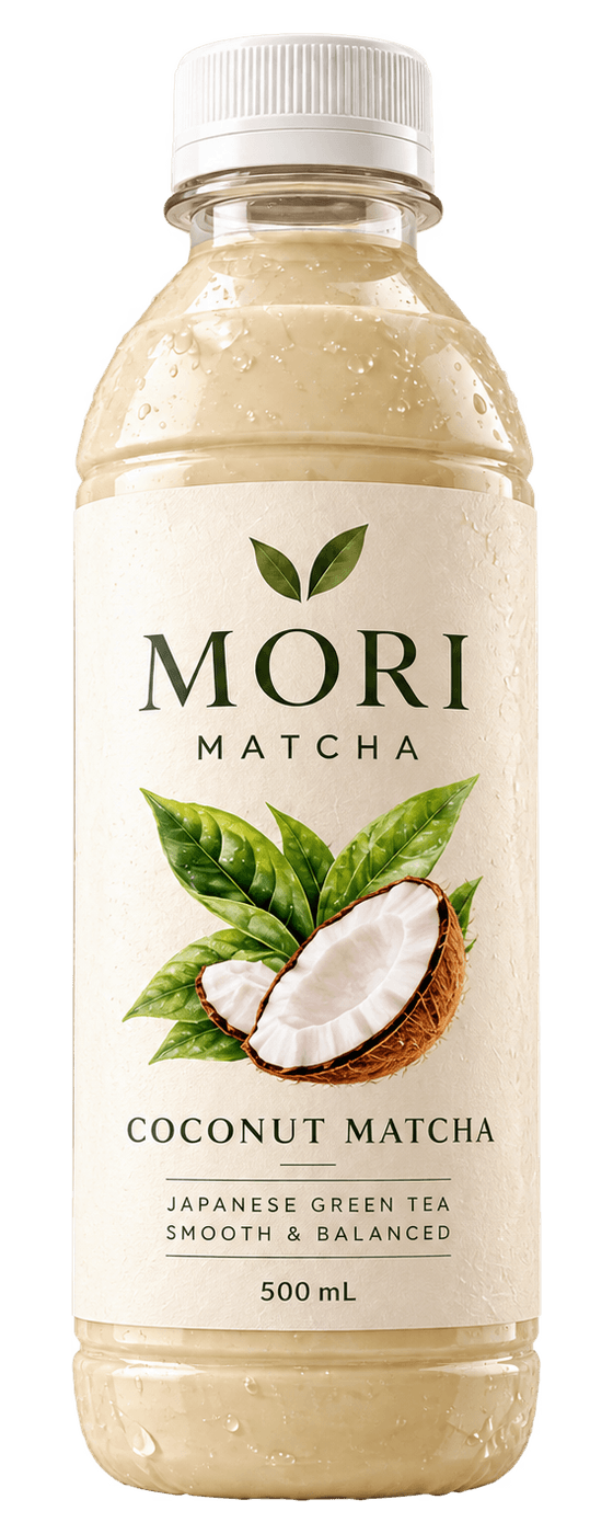 Bouteille MORI Coconut Matcha, boisson crème et étiquette illustrée d'une noix de coco ouverte