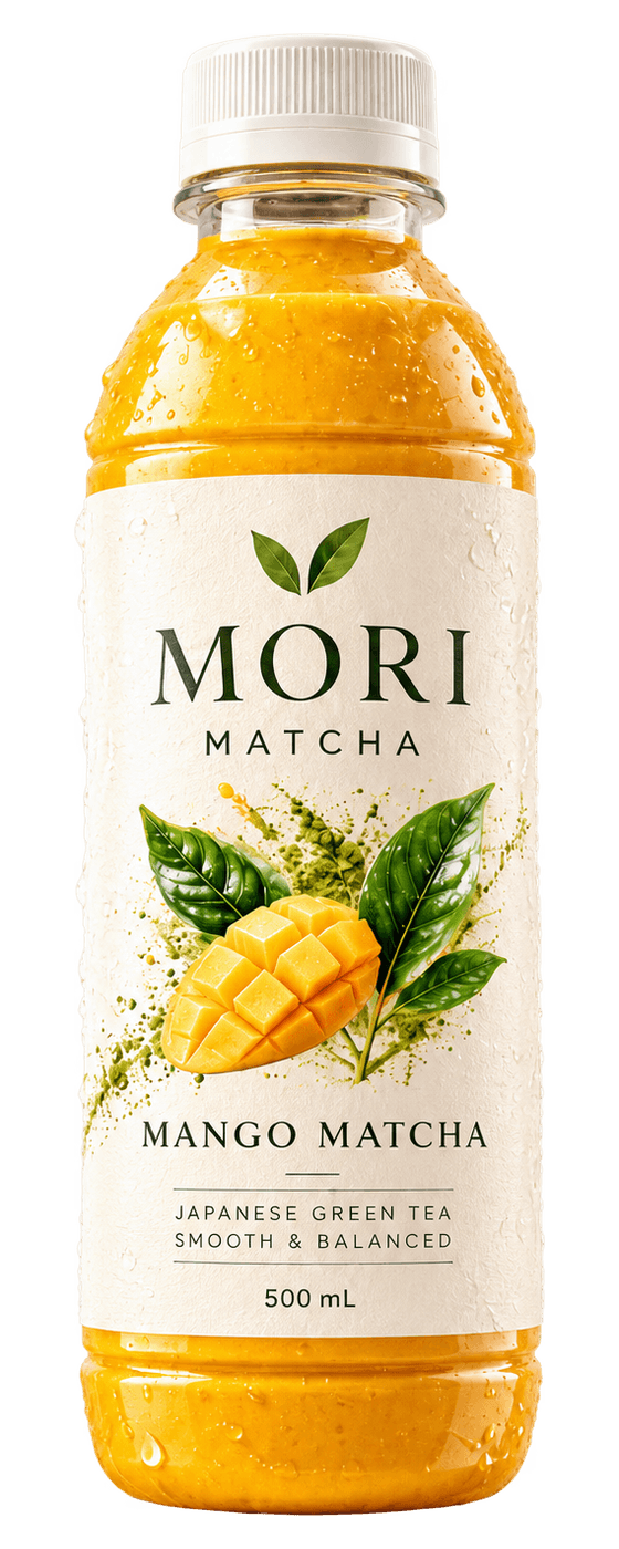 Bouteille MORI Mango Matcha, boisson jaune orangé et étiquette crème illustrée de mangue