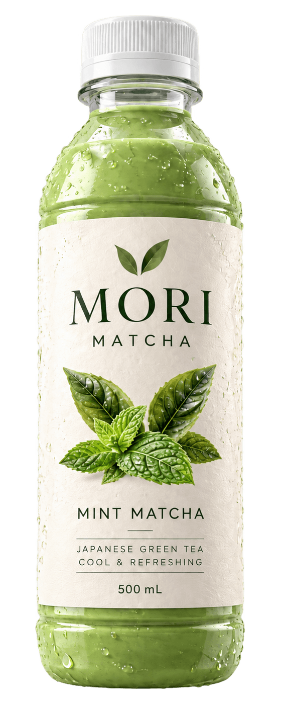 Bouteille MORI Mint Matcha, boisson vert vif et étiquette illustrée de feuilles de menthe