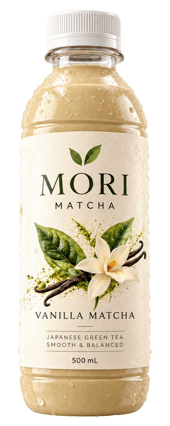 Bouteille MORI Vanilla Matcha, boisson beige et étiquette illustrée d'une fleur et d'une gousse de vanille