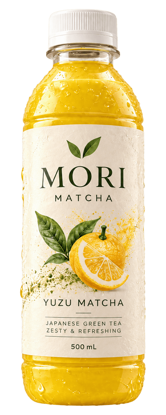 Bouteille MORI Yuzu Matcha, boisson jaune citron et étiquette crème illustrée de yuzu