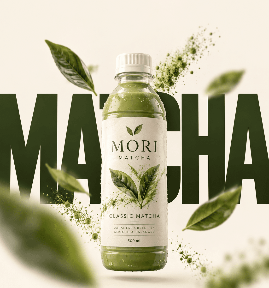 Bouteille MORI Classic Matcha entourée de feuilles de thé et de poudre matcha, mot MATCHA géant en vert forêt