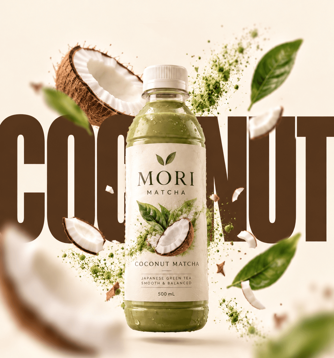 Bouteille MORI Coconut Matcha entourée de demi-noix de coco et de copeaux, mot COCONUT géant en brun