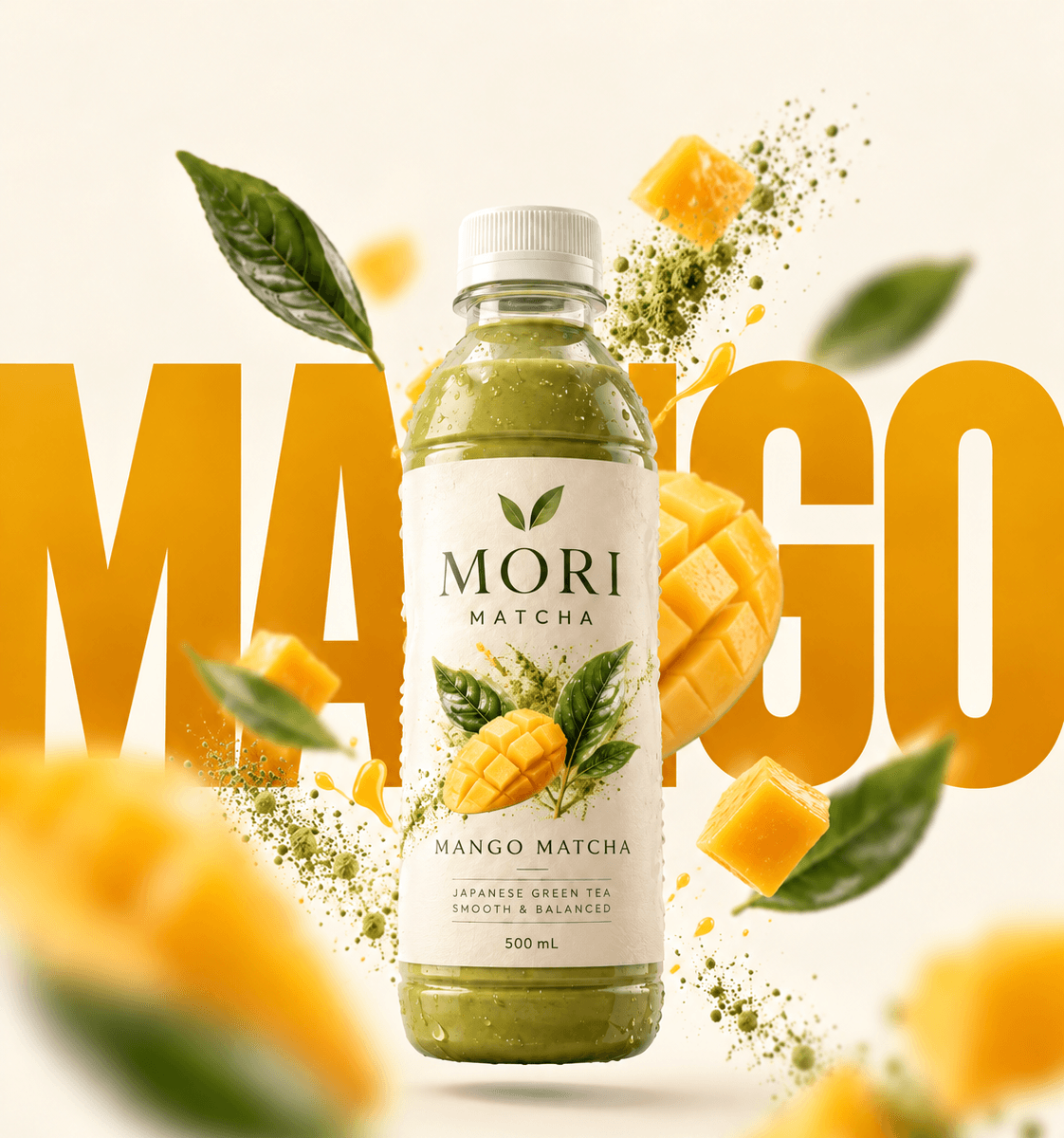 Bouteille MORI Mango Matcha entourée de cubes de mangue et de gouttes de jus, mot MANGO géant en orange