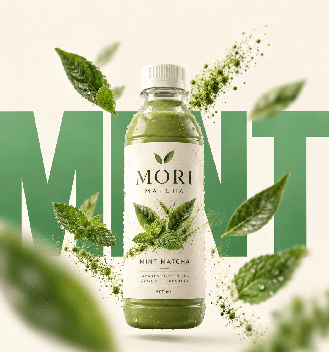 Bouteille MORI Mint Matcha entourée de feuilles de menthe perlées, mot MINT géant en vert menthe