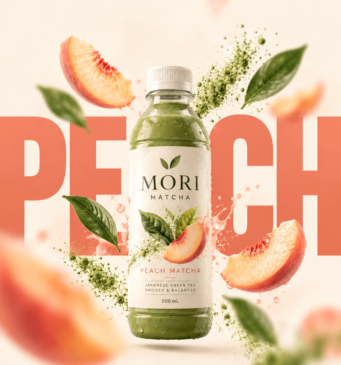 Bouteille MORI Peach Matcha entourée de quartiers de pêche et d'éclaboussures, mot PEACH géant en corail