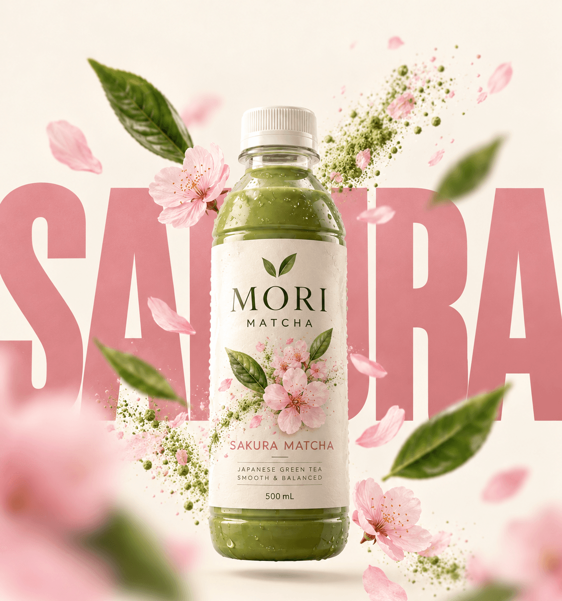 Bouteille MORI Sakura Matcha entourée de fleurs et de pétales de cerisier, mot SAKURA géant en rose