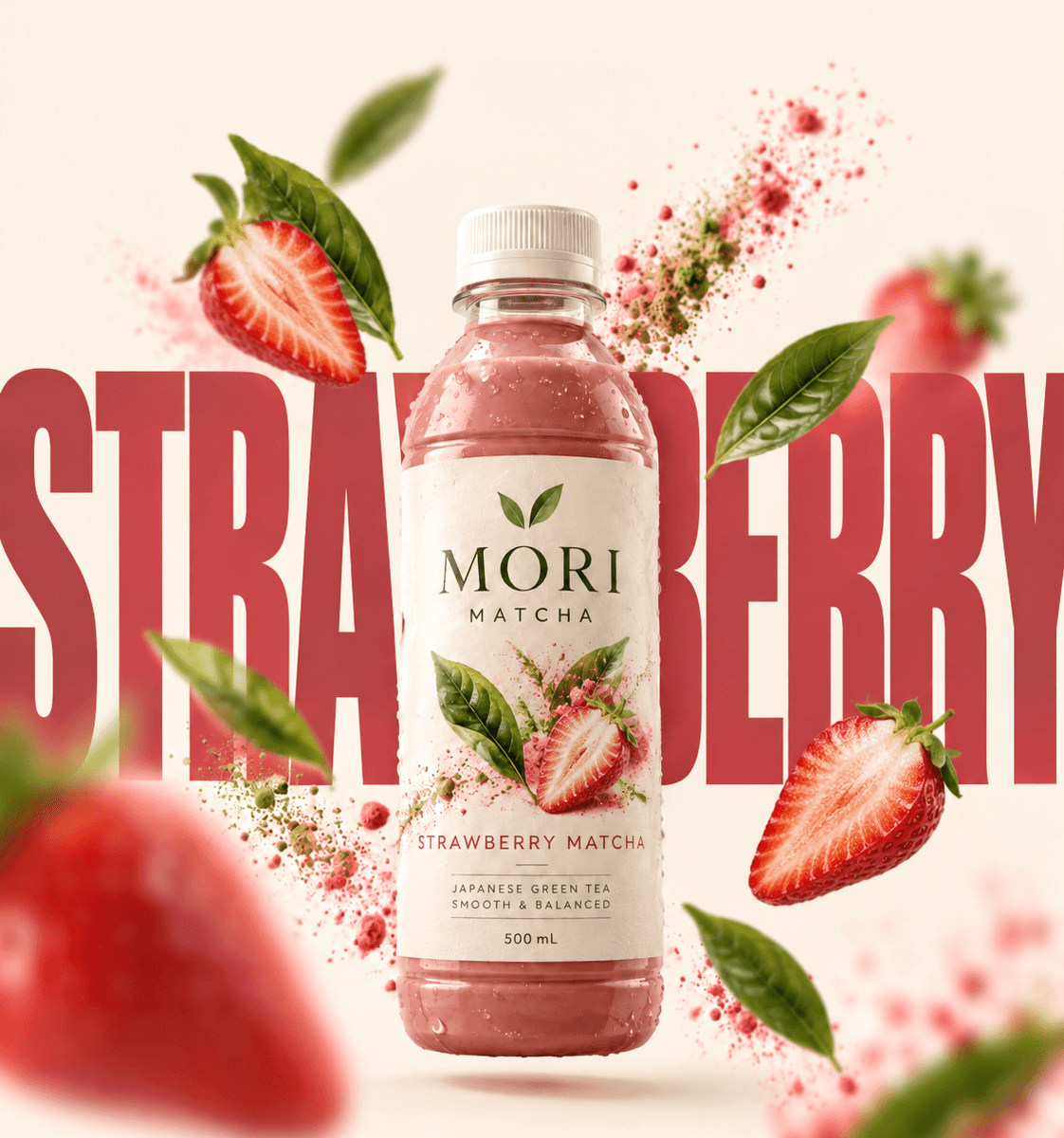 Bouteille MORI Strawberry Matcha entourée de demi-fraises et de poudre rose, mot STRAWBERRY géant en rouge