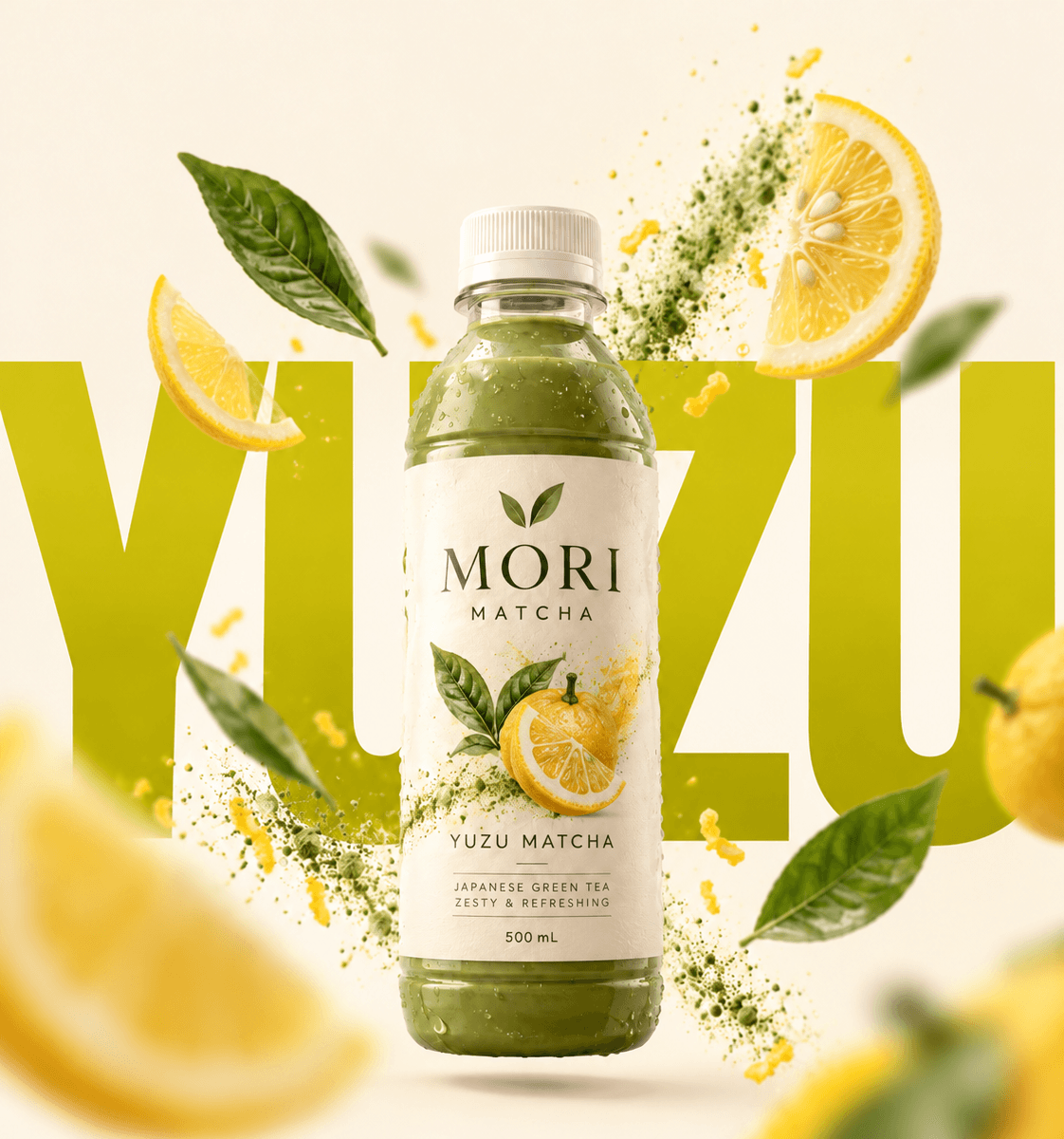 Bouteille MORI Yuzu Matcha entourée de tranches de yuzu et de zestes, mot YUZU géant en jaune-vert